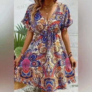 SHEIN VCAY Paisley Print Lune batwing sleeve Dress elastic waist size Large